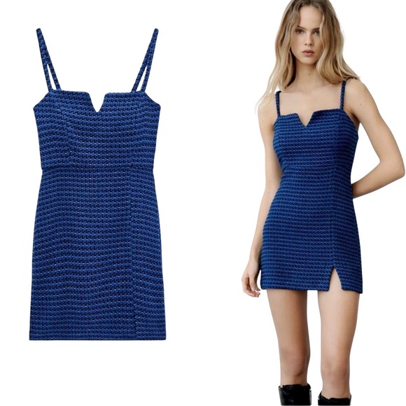 NEW Zara Blue Black Metallic Silver Tweed Mini Dress - M - Picture 1 of 15
